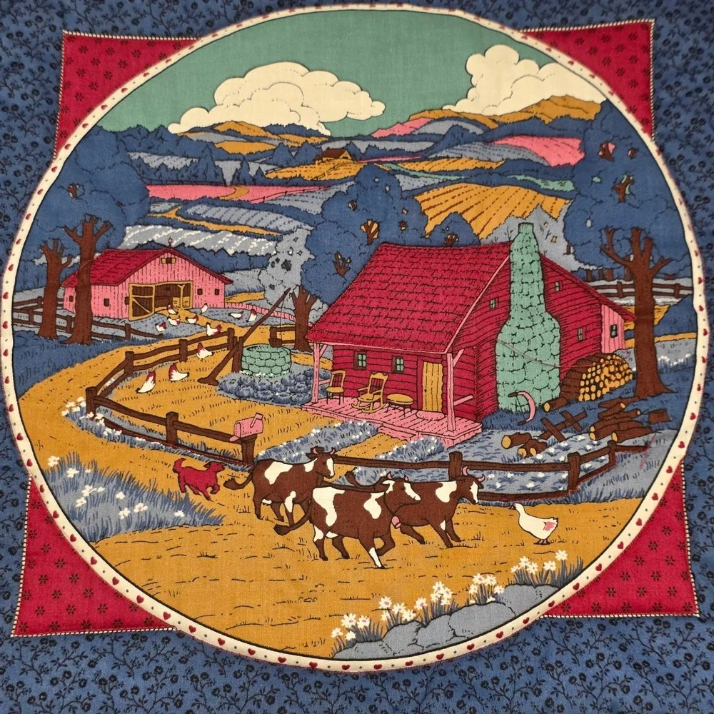Vintage Quilted Farm Scene Pillow Sham Blue Floral Ruffle Folk Art Country